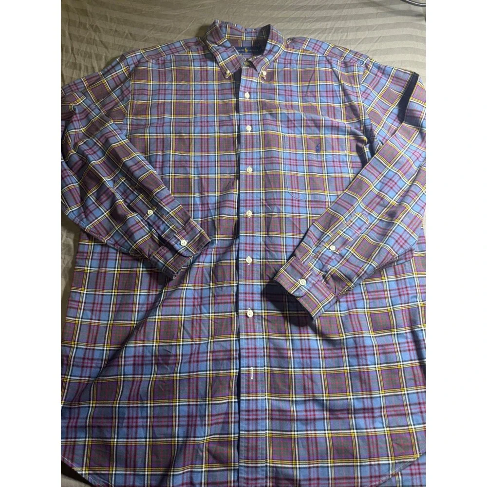 Ralph Lauren Mens XLT Blue Plaid‎ Long Sleeve Button Down Shirt Tall Pony Logo